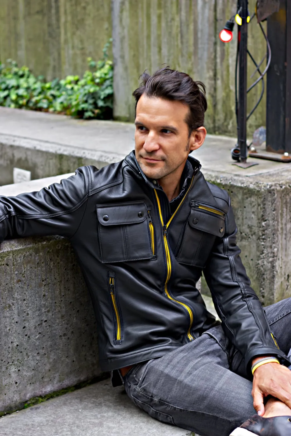 MI6 Leather Jacket - Double Cargo Pockets in Black & Yellow