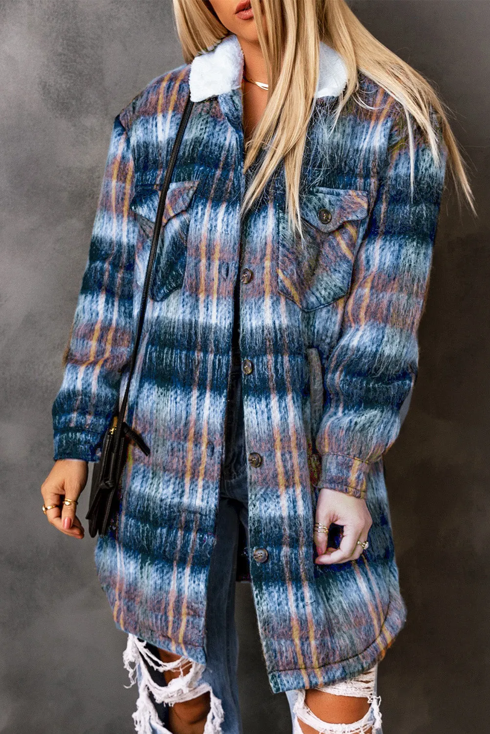 Multicolor Woolen Lining Plaid Brushed Long Coat