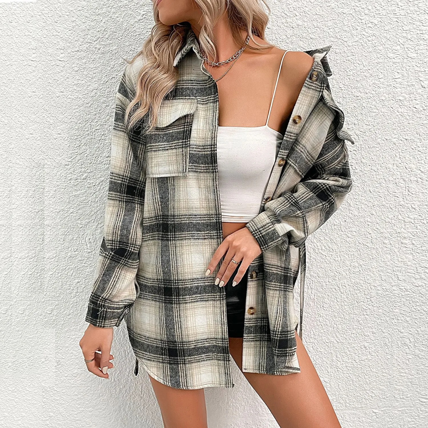 PEOPLETERRITORY New   women's clothing New autumn and winter   trade splicing plaid cardigan retro woolen thick coat