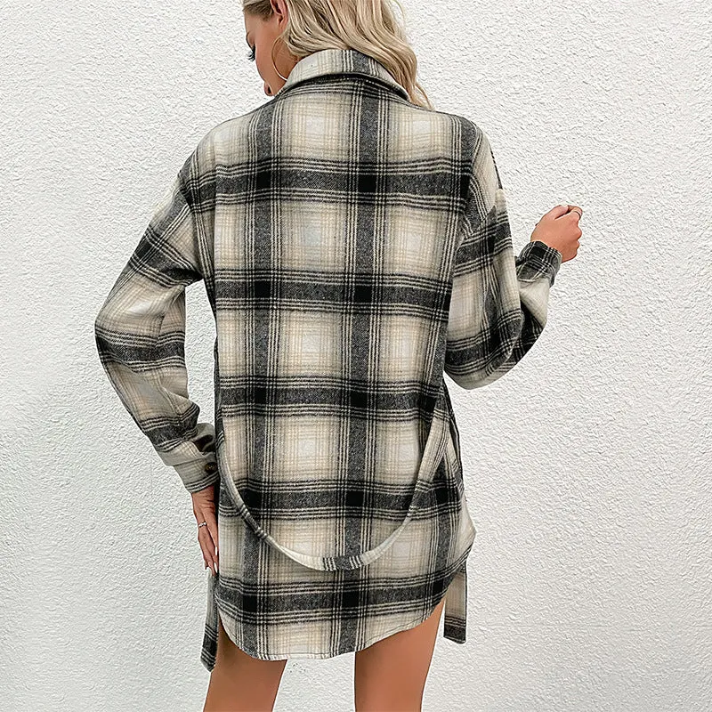 PEOPLETERRITORY New   women's clothing New autumn and winter   trade splicing plaid cardigan retro woolen thick coat