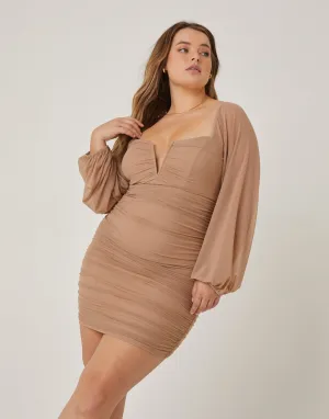 Plus Size Mesh Ruched Long Sleeve Dress