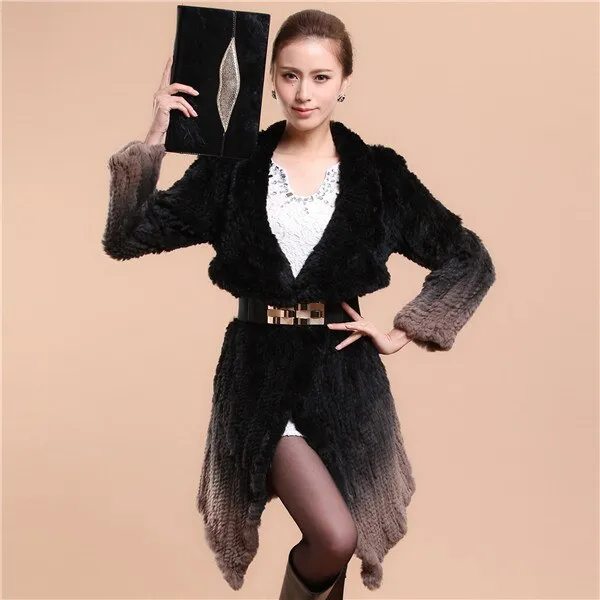 Real Knitted Rabbit Fur Long Coat Two-wear Trench Coat Gradient Color Pattern Overcoat Winter' Dress Furstory FS13067