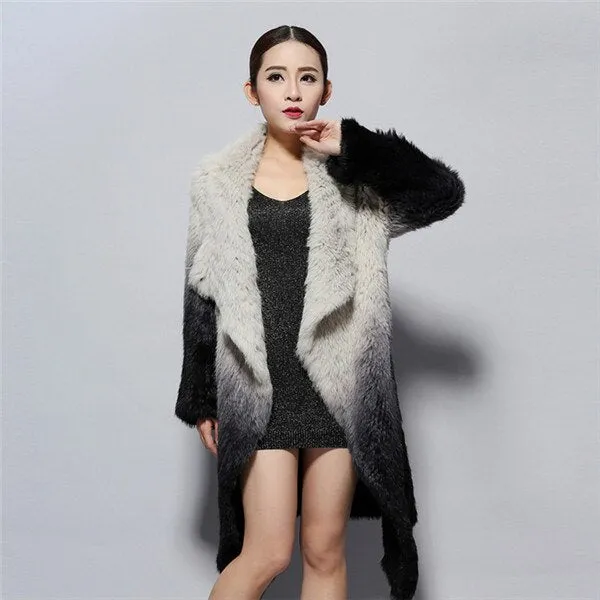 Real Knitted Rabbit Fur Long Coat Two-wear Trench Coat Gradient Color Pattern Overcoat Winter' Dress Furstory FS13067