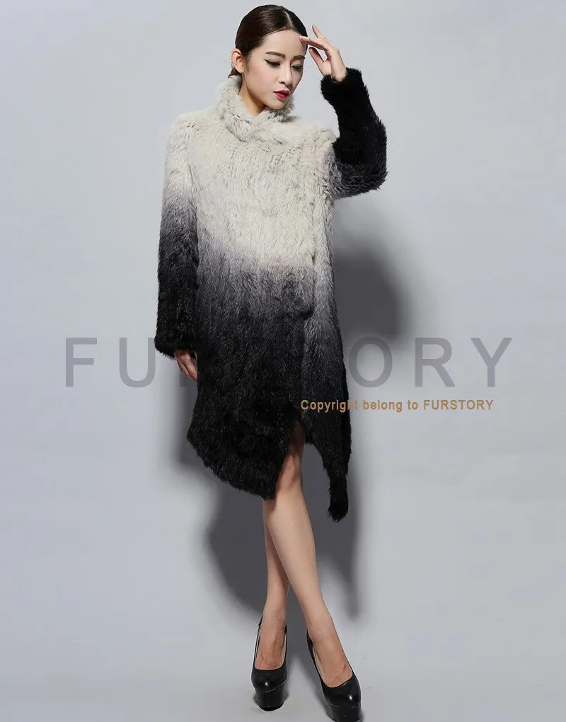 Real Knitted Rabbit Fur Long Coat Two-wear Trench Coat Gradient Color Pattern Overcoat Winter' Dress Furstory FS13067