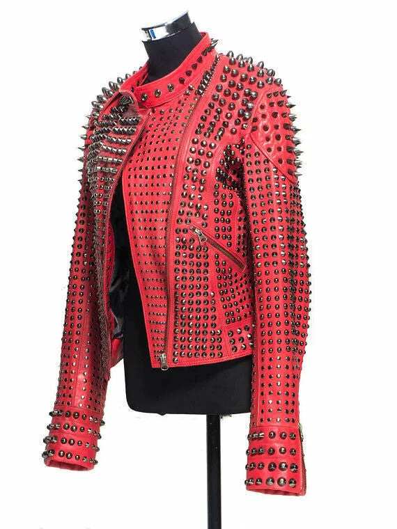 Red Studded Spiked Leather Jacket