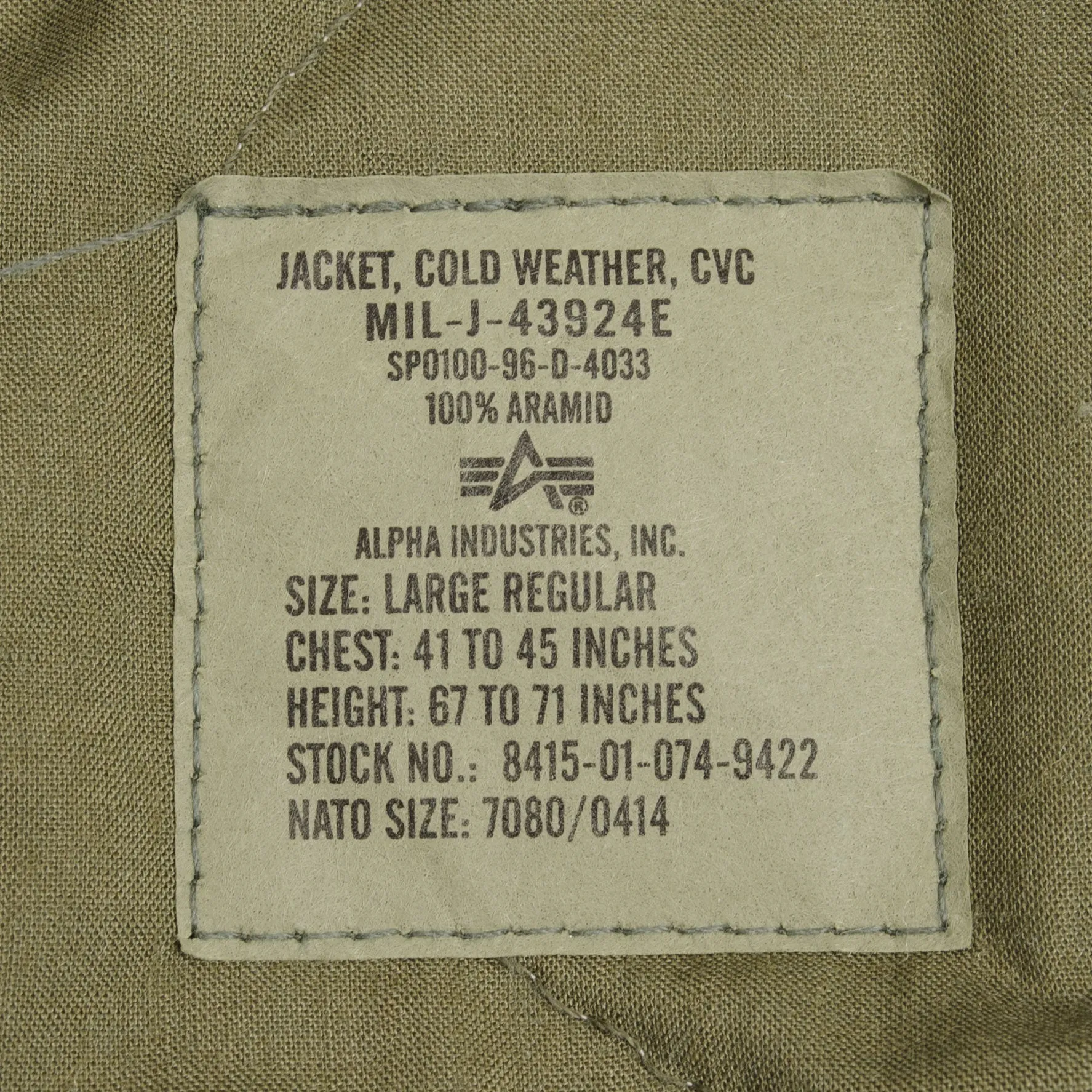 VINTAGE US ARMY CVC TANKER COLD WEATHER JACKET 1996 SIZE LARGE REGULAR