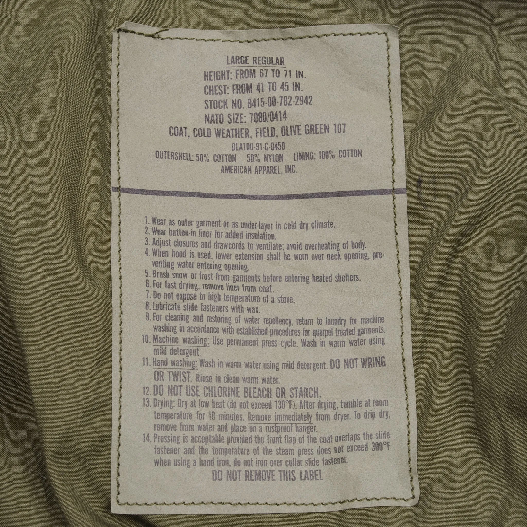 VINTAGE US ARMY M-1965 M65 FIELD JACKET WITH LINER 1991 SIZE LARGE REGULAR DEADSTOCK