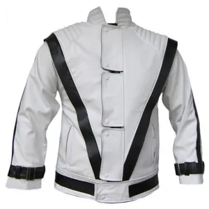 White Leather Black Stripes Jacket