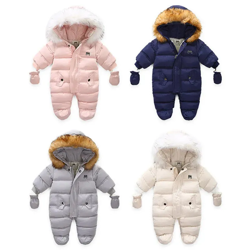 Winter Baby Jumpsuit Thick Warm Infant Hooded Inside Fleece Rompers Newborn Boy Girl Overalls Outerwear Kids Snowsuit