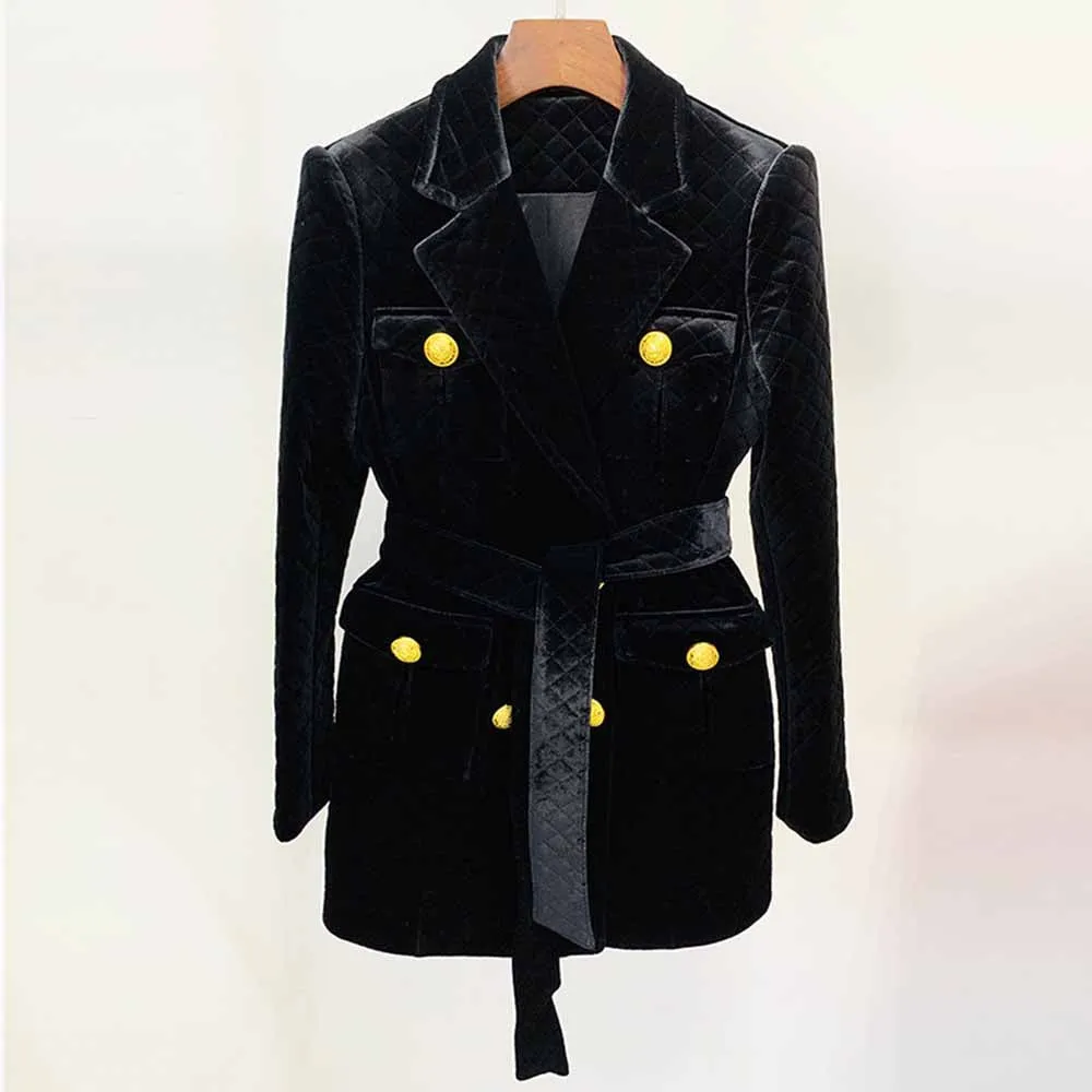 Women black double breasted coat belted velvet medium length coat