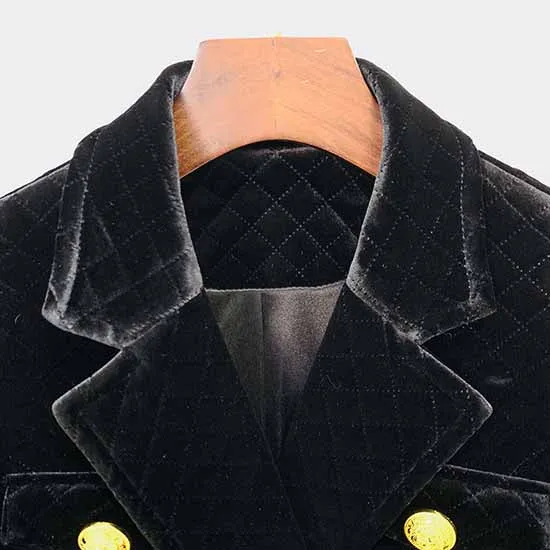 Women black double breasted coat belted velvet medium length coat