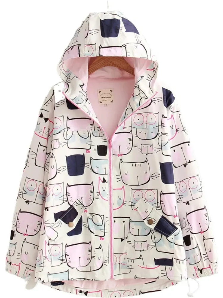 Women Jackets Preppy Style Cute Cat Printed Hooded Jacket Long Sleeve Harajuku Coat Mori Girls' Sweet Outwear S-L