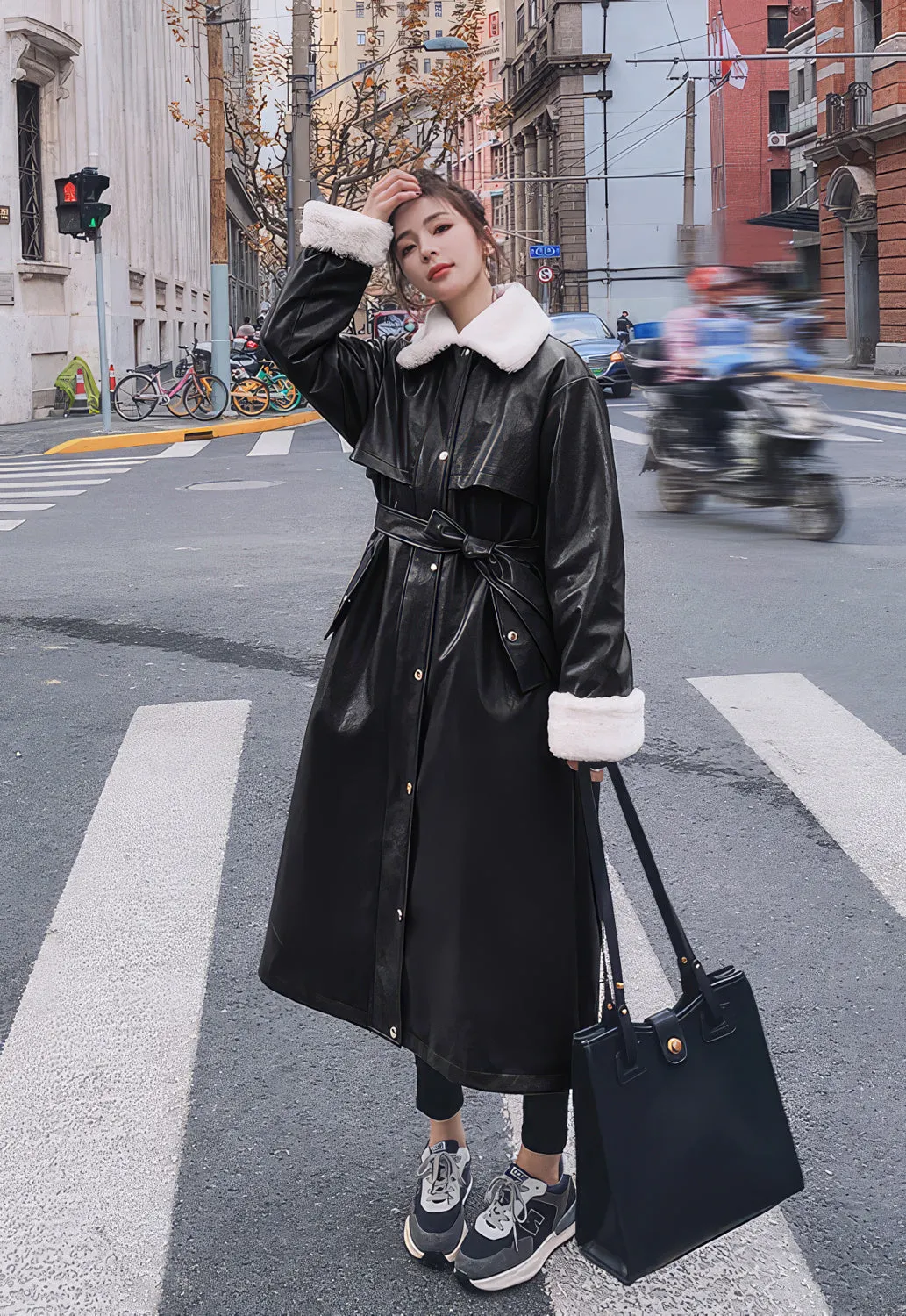 Women’s Black Genuine Sheepskin Sherpa Shearling Faux Fur Korean Fashion Winter Warm Leather Knee Length Long Coat