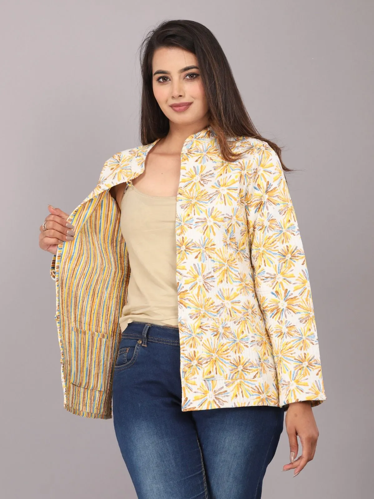 Women's Cotton Quilted Reversible Floral Jacket – Stylish & Comfortable