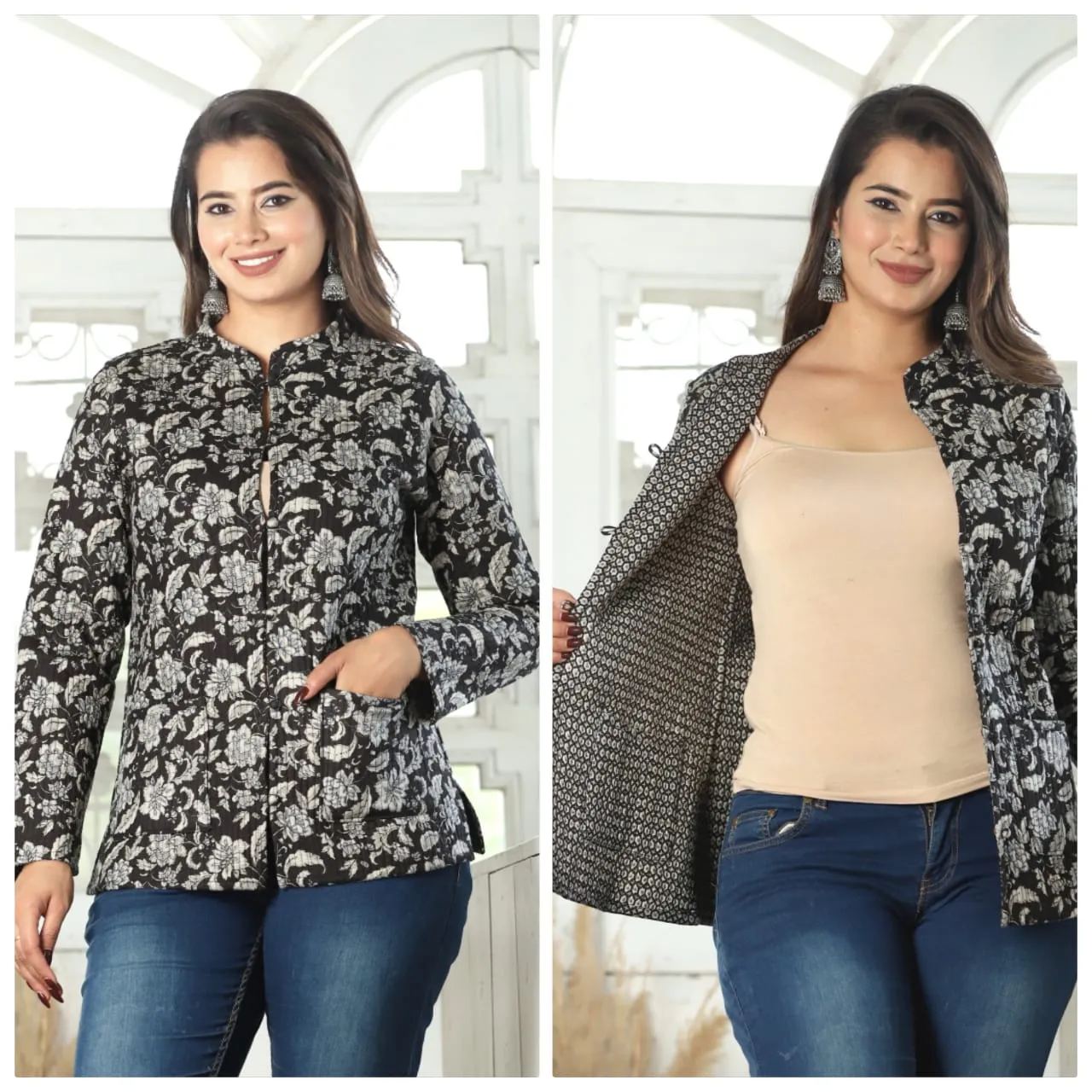 Women's Cotton Quilted Reversible Floral Jacket – Stylish & Comfortable