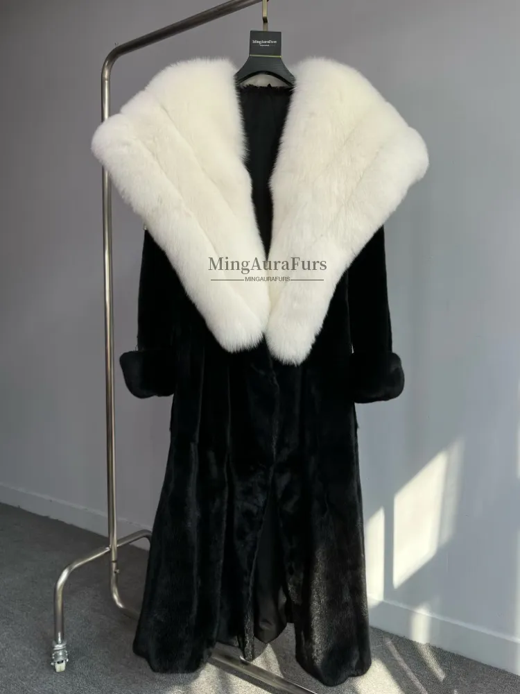 Women's Mink Fur Coat with Fox Fur Collar - White Fox and Mink - G0055