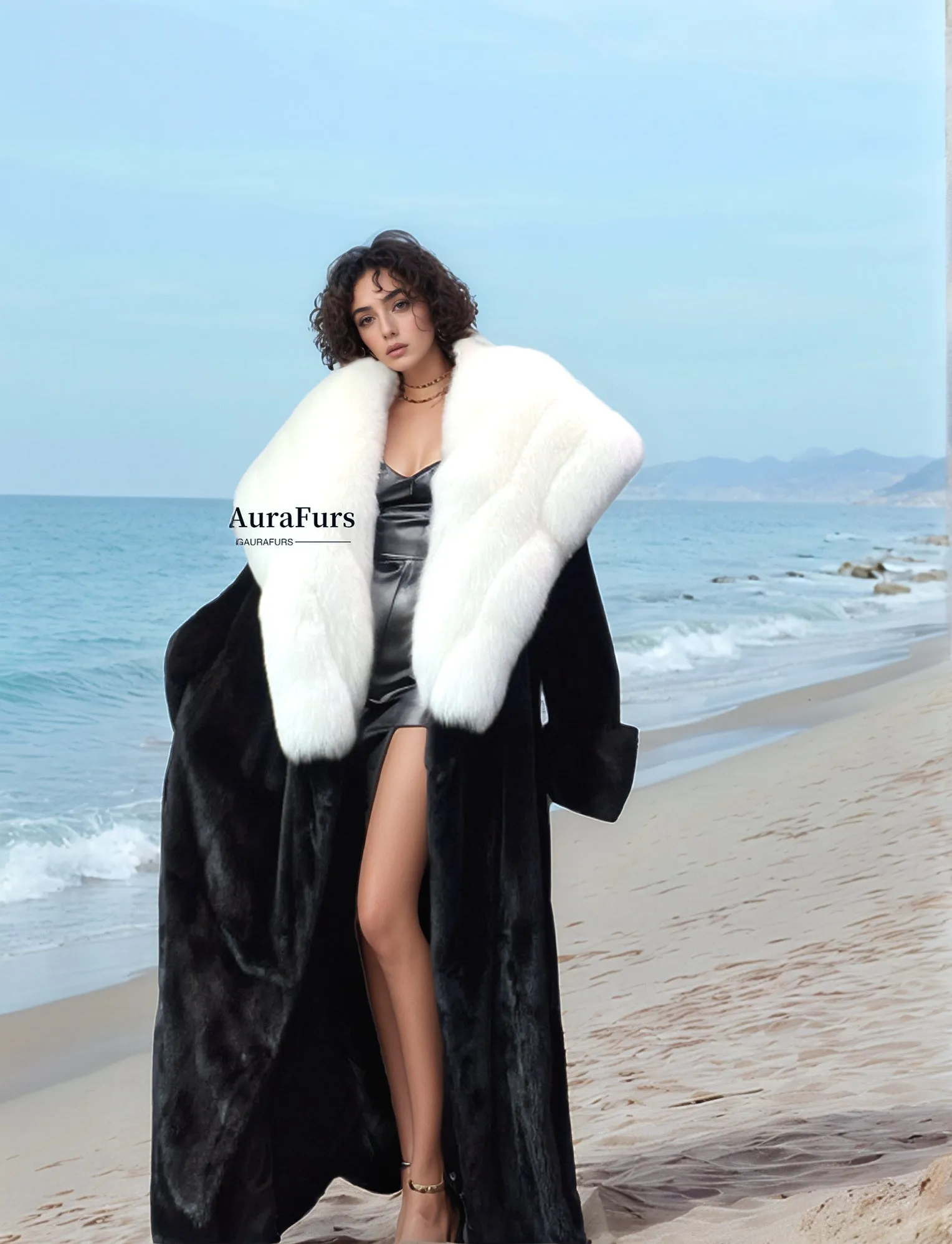 Women's Mink Fur Coat with Fox Fur Collar - White Fox and Mink - G0055