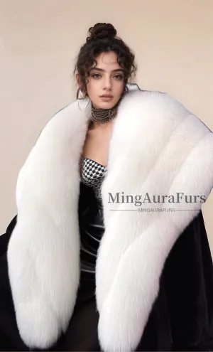 Women's Mink Fur Coat with Fox Fur Collar - White Fox and Mink - G0055