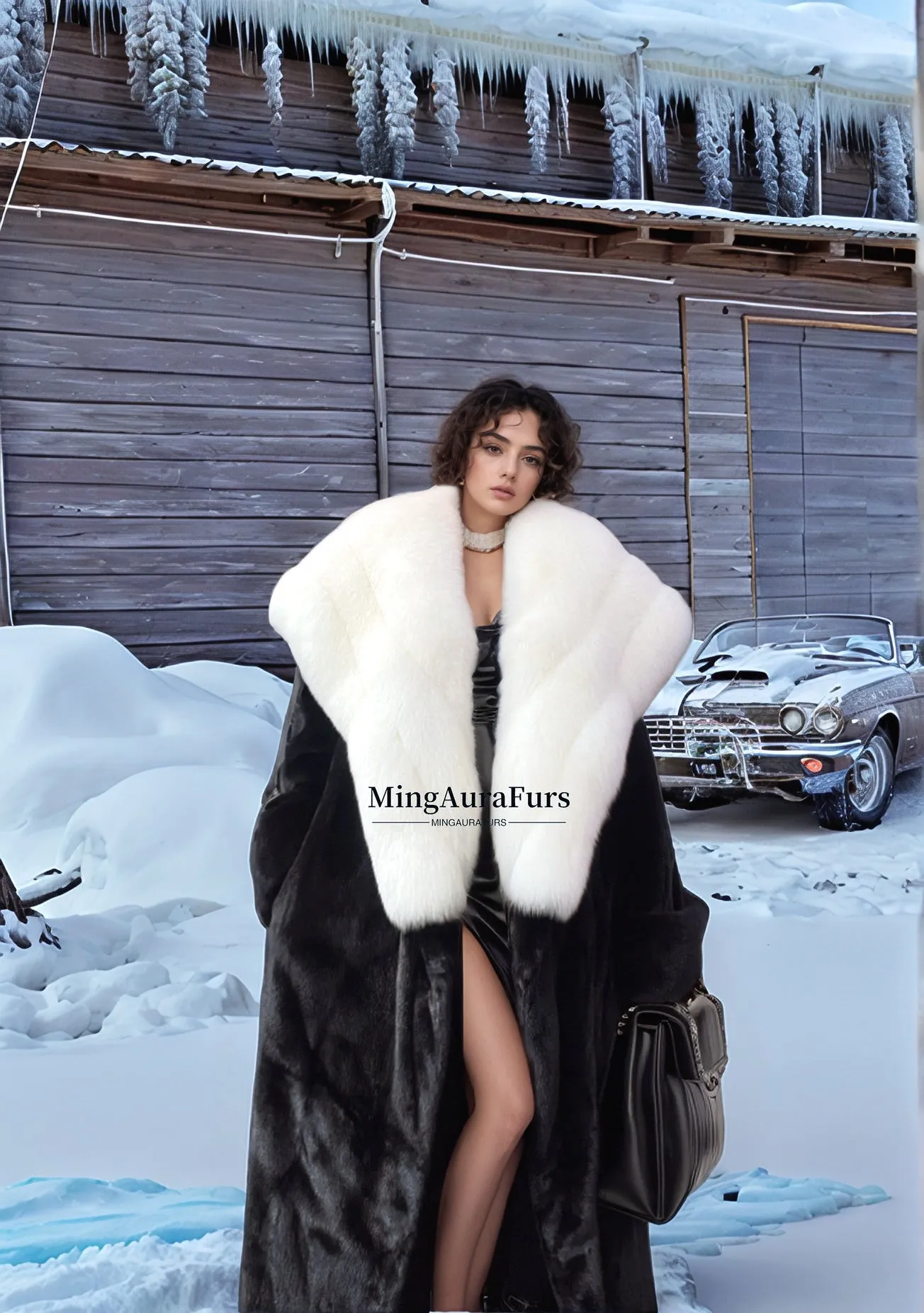 Women's Mink Fur Coat with Fox Fur Collar - White Fox and Mink - G0055