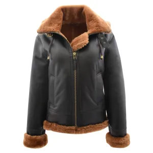 Womens Real Ginger Sheepskin Flying Jacket Hooded B3 Aviator Shearling Maria