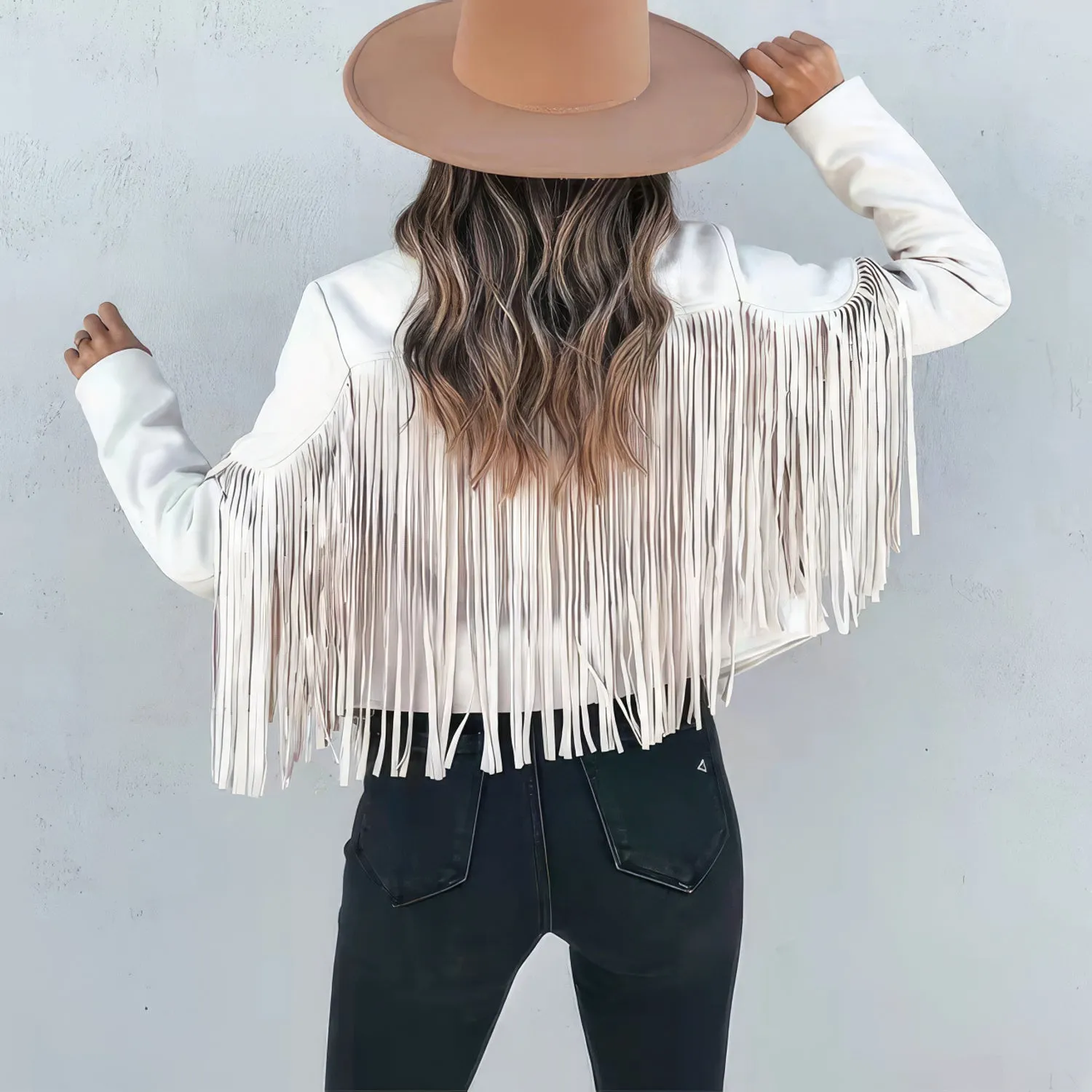 Women’s White Genuine Suede Tassel Lapel Long Sleeve Motor Biker Native American Vintage Cropped Leather Jacket