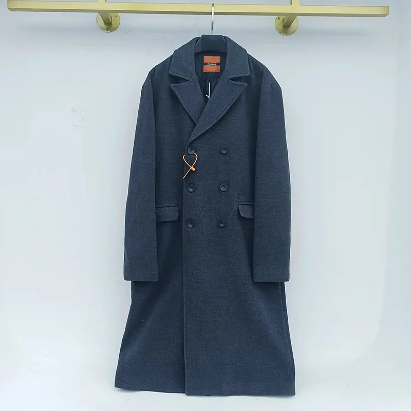 Woolen Coat Men's Korean Fashion Over The Knee Mid Length Winter Thickening Loose Double Breasted Warm Long Coat 9Y4486