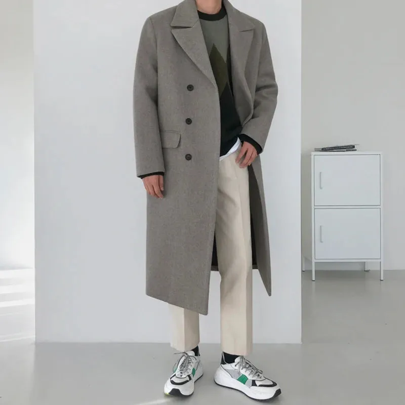 Woolen Coat Men's Korean Fashion Over The Knee Mid Length Winter Thickening Loose Double Breasted Warm Long Coat 9Y4486