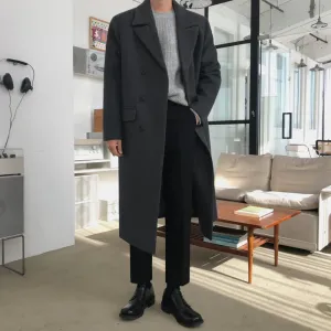 Woolen Coat Men's Korean Fashion Over The Knee Mid Length Winter Thickening Loose Double Breasted Warm Long Coat 9Y4486